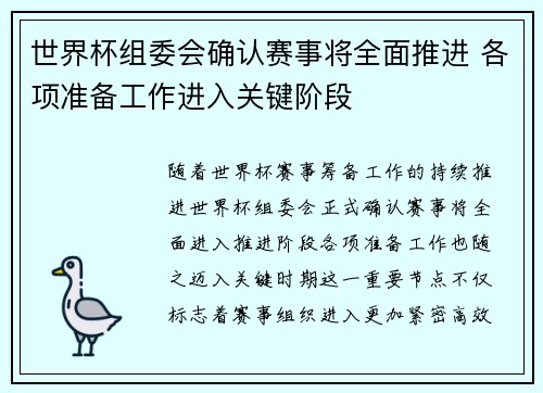 世界杯组委会确认赛事将全面推进 各项准备工作进入关键阶段 世界杯组委会确认赛事将全面推进 各项准备工作进入关键阶段