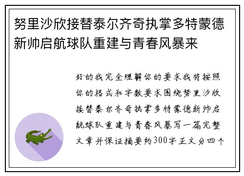 努里沙欣接替泰尔齐奇执掌多特蒙德新帅启航球队重建与青春风暴来